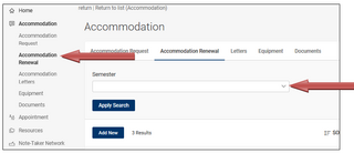 Screenshot of Accommodate website, with "Accommodation Renewal" marked.