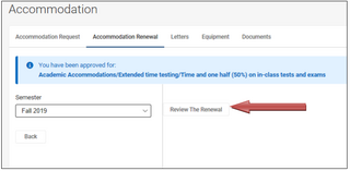 Screenshot of Accommodate website, with "Review the Renewal" marked.