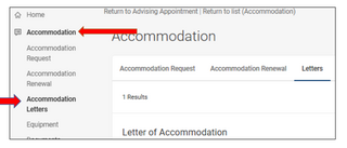 Screenshot of Accommodate website, with "Accommodation" and "Accommodation Letters" marked.