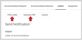Screenshot of Accommodate website, with "Print Letter" and "Generate PDF" marked.
